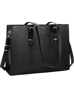 Stylish Black Crocodile Leather Laptop Bag for Women - Water-Resistant Tote